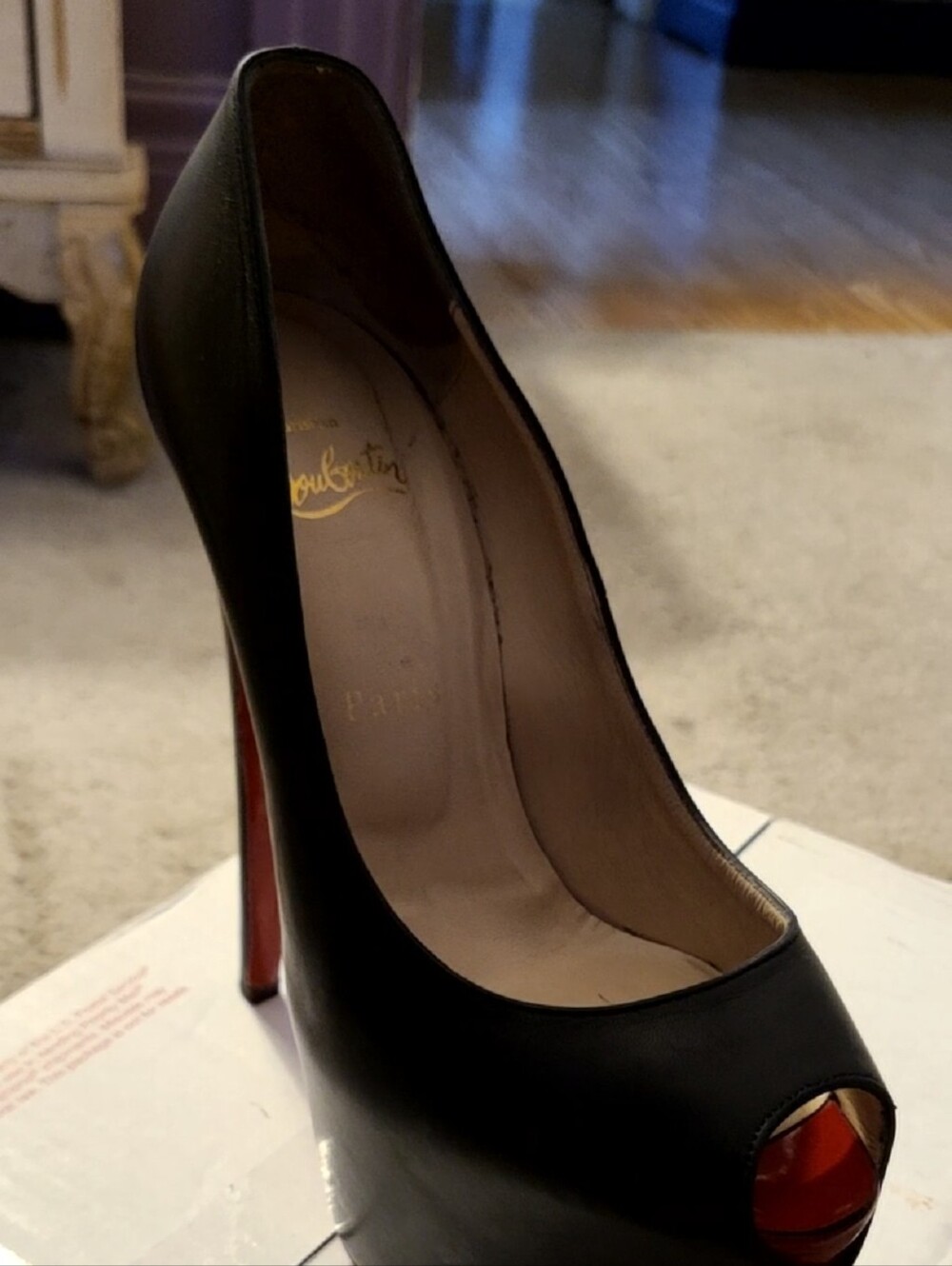 Christian Louboutin Black Peep-Toe Pump with Red Sole
